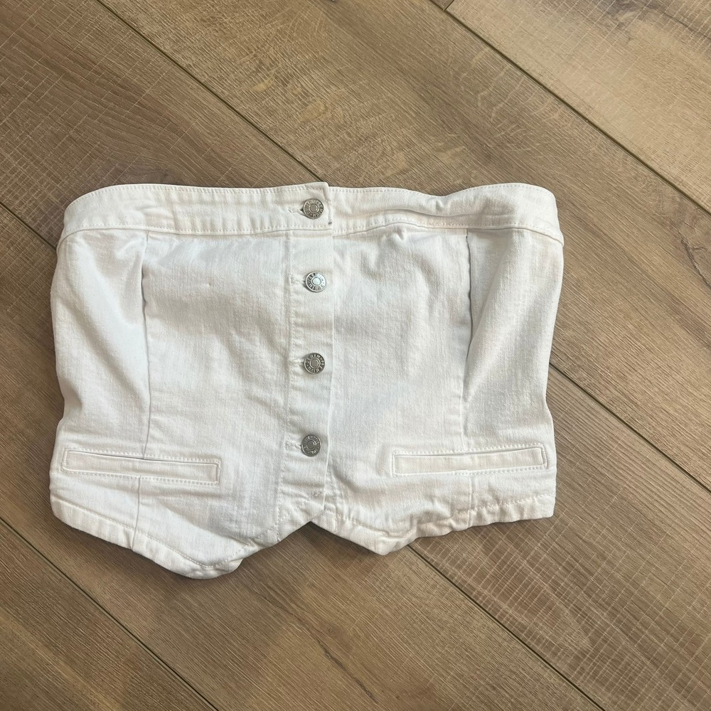 Love Tree Denim Corset Top Women L White Button Front Smock Back Strapless Vest‎